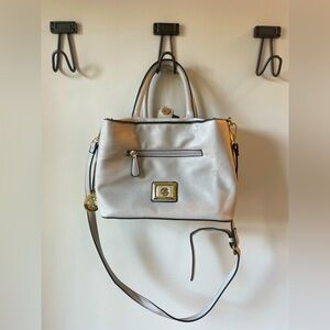 Christian LaCroix, women’s handbag with shoulder strap, gray and white stripe